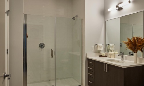 a bathroom with a glass shower